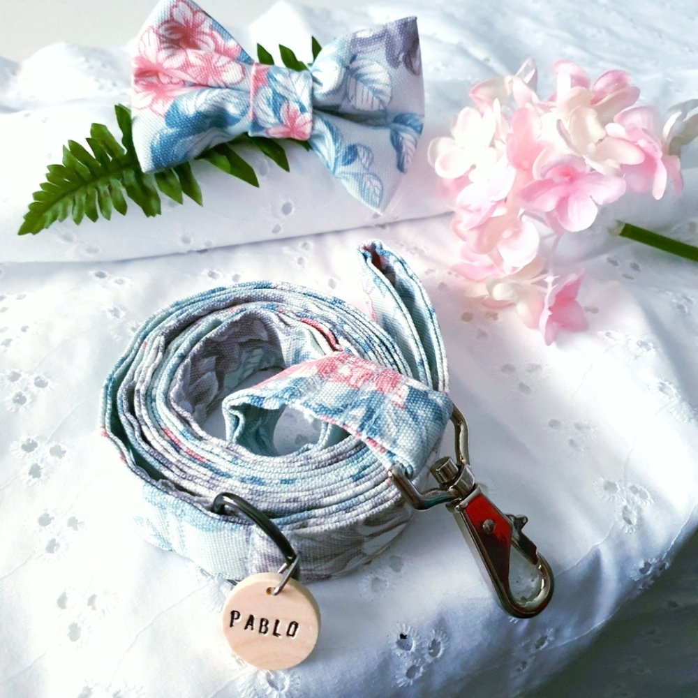 🐶 5 for $15 * Pablo's Cotton Light Blue Floral Dog Bow Tie & Leash Set